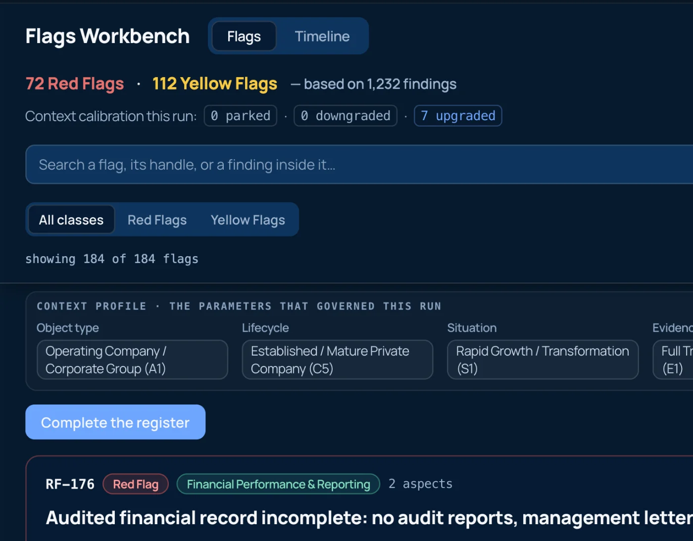 Flags Workbench: 72 red flags and 112 yellow flags, with the context profile that governed the run